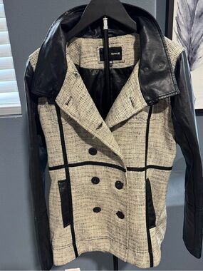Hurley Two-Tone Black Leather Sleeve Cream Tweed Pea Coat